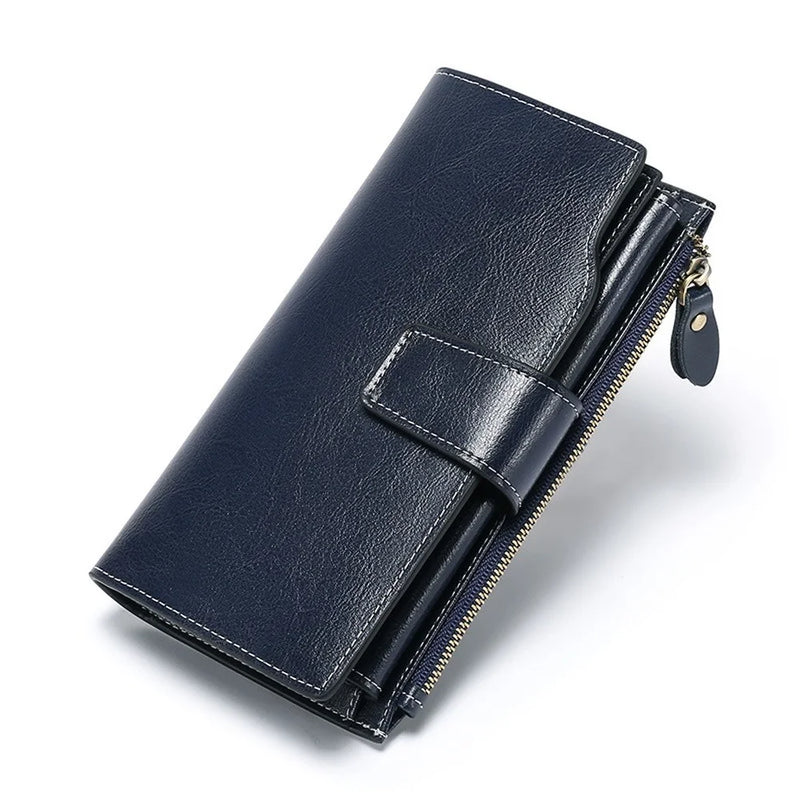 Retro Oil Wax Leather Women Wallet RFID Long Clutch Bag