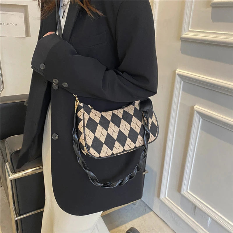 Vintage Plaid/Argyle Pattern Shoulder Bag Women Retro Crossbody Bag