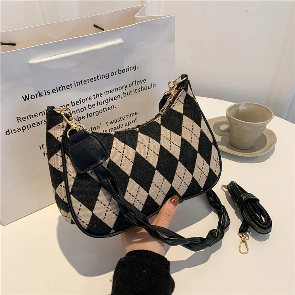 Vintage Plaid/Argyle Pattern Shoulder Bag Women Retro Crossbody Bag