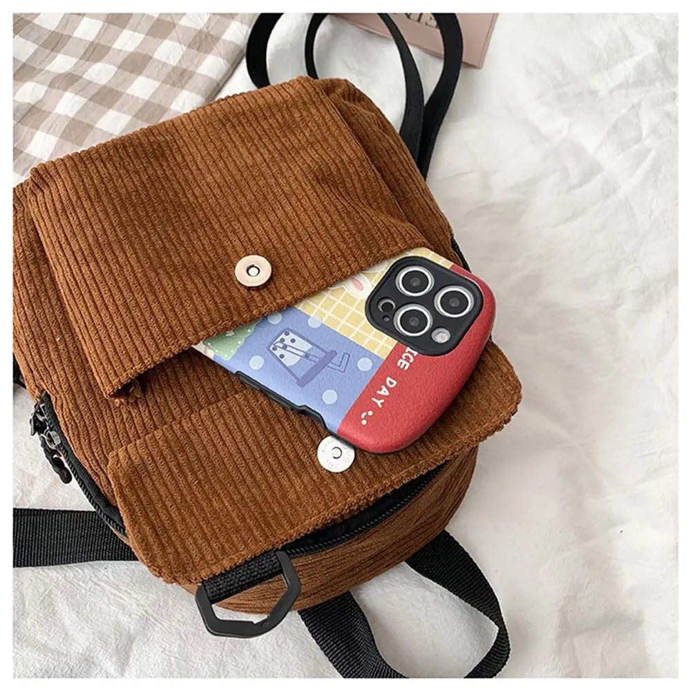 Women Mini Backpack Solid Corduroy Small Backpacks Casual Student Bookbags
