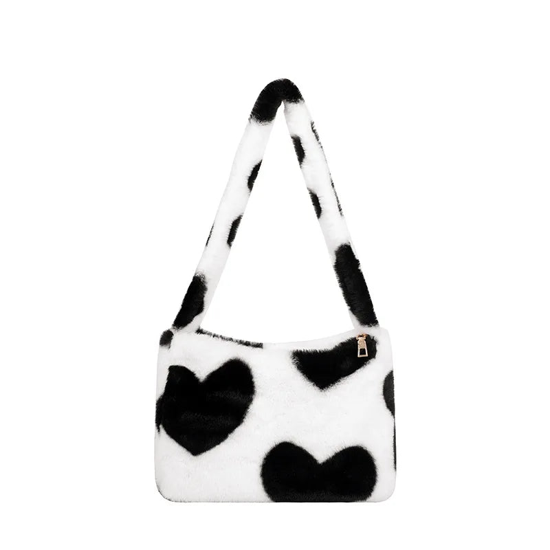 Plush Flower Pattern Shoulder Bag - Faux Fur Handbag
