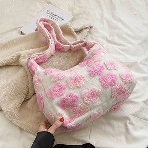 Plush Floral Winter Handbag Soft Fluffy Shopping Bag Hobo B