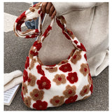 Plush Floral Winter Handbag Soft Fluffy Shopping Bag Hobo B