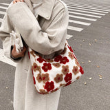 Plush Floral Winter Handbag Soft Fluffy Shopping Bag Hobo B
