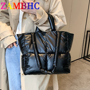 Winter Big Totes Purses Women Shoulder Bags Down Fabric Bag