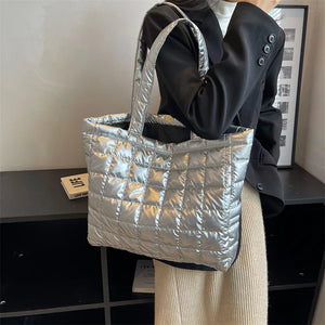 Lattice Pattern Shoulder Space Cotton Handbag Women Large Capacity Puffy Tote