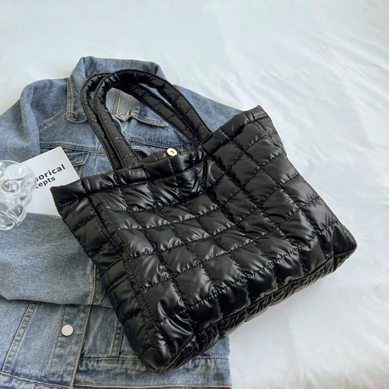 Lattice Pattern Shoulder Space Cotton Handbag Women Large Capacity Puffy Tote