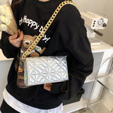 Women Diamond Grain Flap Crossbody Bag Silver Patent Leather Handbags