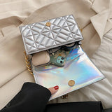 Women Diamond Grain Flap Crossbody Bag Silver Patent Leather Handbags
