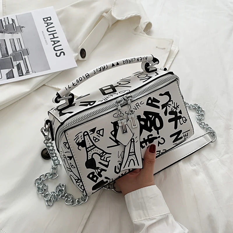 Graffiti Pattern Leather Crossbody Bag for Women