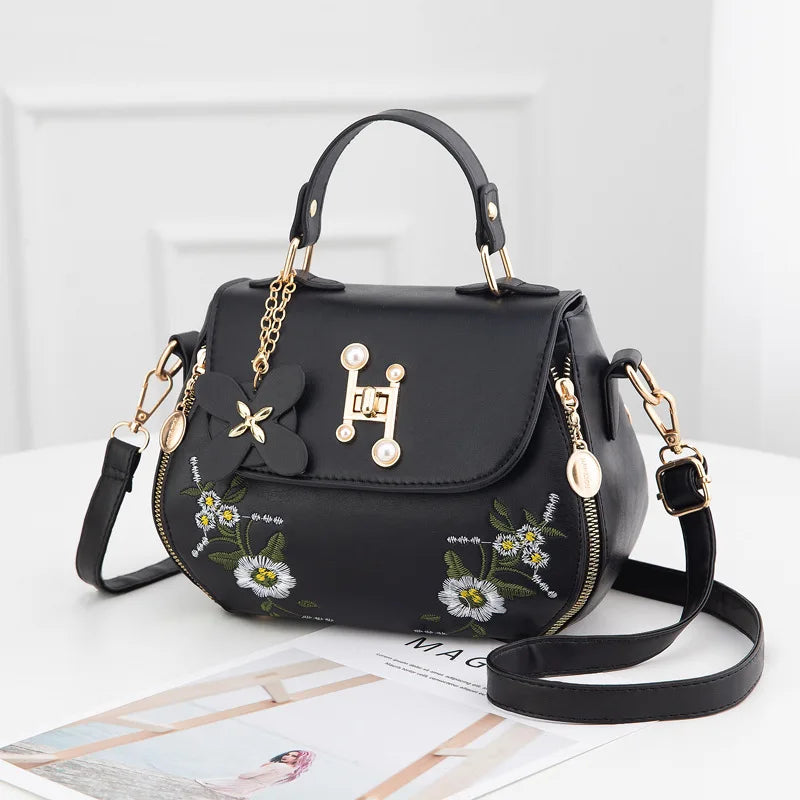 Embroidered Flap Shoulder Crossbody Bag