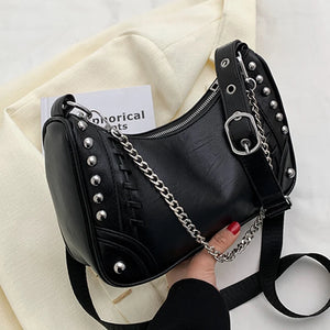 Stylish Rivet Half-Moon Crossbody Bag with Chain Strap