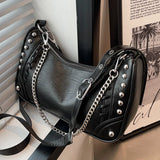Stylish Rivet Half-Moon Crossbody Bag with Chain Strap