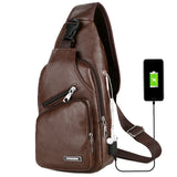 Men's Leather Chest Bag USB Port Charging Outdoor Sports Crossbody