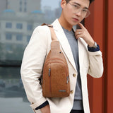 Men's USB Charging Chest Bag PU Leather Shoulder Travel Bag