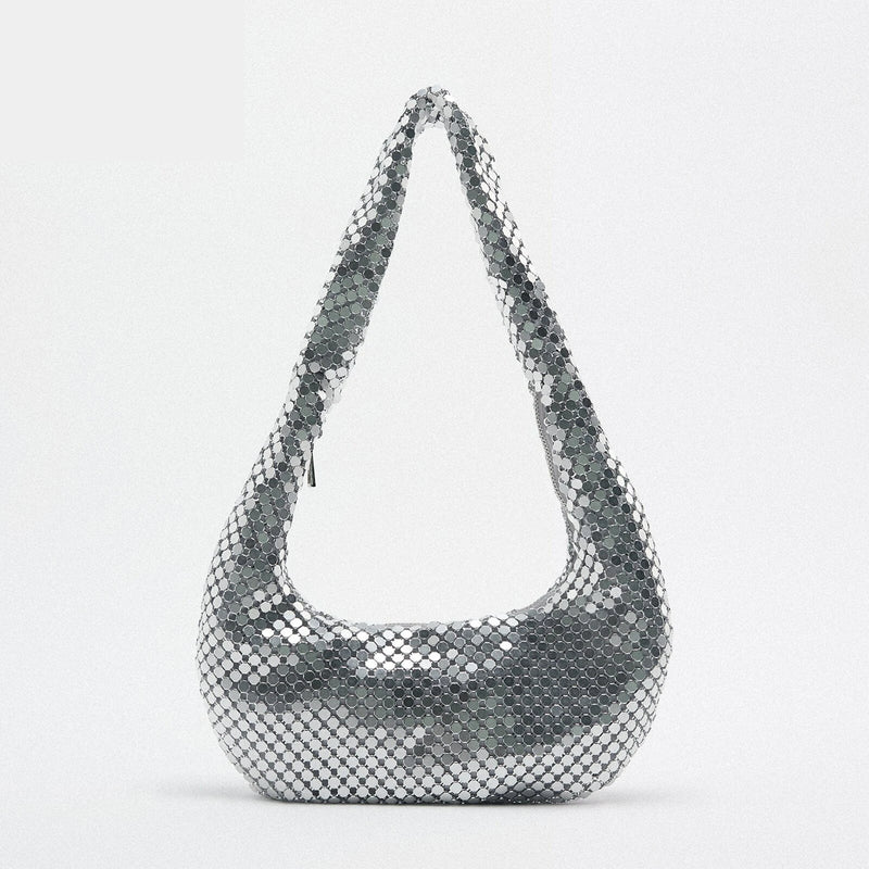 Metal Mesh Women Shoulder Bags Silver Lady Handbags Shinny Hobos Party Purses Sm