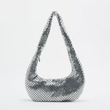 Metal Mesh Women Shoulder Bags Silver Lady Handbags Shinny Hobos Party Purses Sm