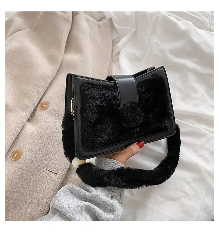 Plush Shoulder Bag for Women Girl Autumn Winter PU Leather Crossbody Bags