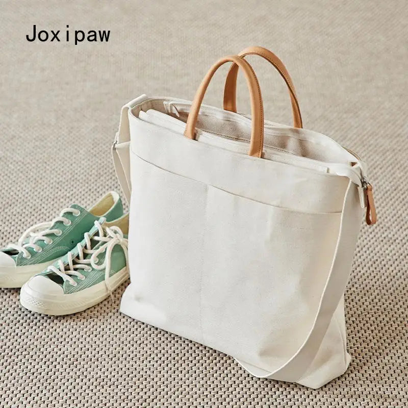 Canvas Handbag Solid Style Shoulder Bag for Women Vintage Large Capacity Tote