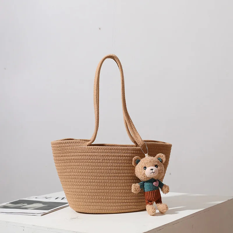 Casual One-Shoulder Straw Woven Bag Bear Messenger Handbag
