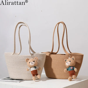 Casual One-Shoulder Straw Woven Bag Bear Messenger Handbag