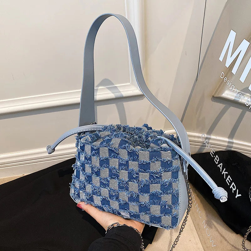 Plaid Denim Canvas PU Shoulder Bag for Women