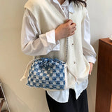 Plaid Denim Canvas PU Shoulder Bag for Women