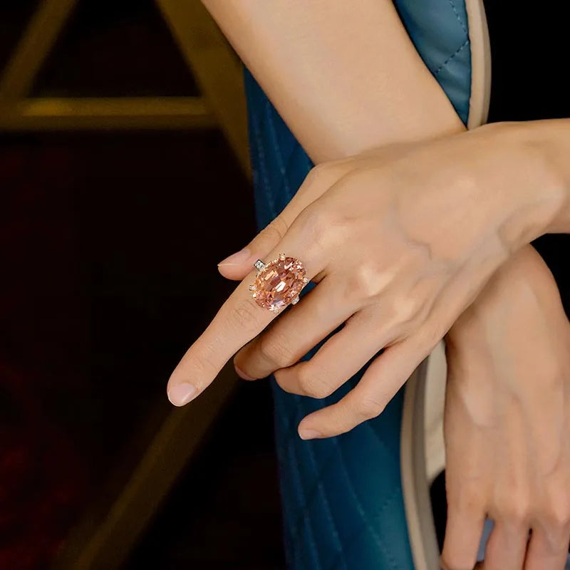 Champagne Pigeon Eggs Morganite Stone Ring Silver Cubic Zirconia