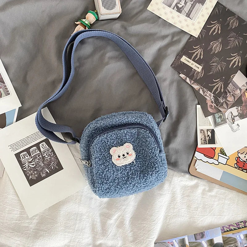 Bear Pattern Messenger Bags for Women Soft Plush Mobile Phone Bag