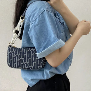Denim Beaded Handle Shoulder Bag for Women