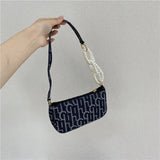 Denim Beaded Handle Shoulder Bag for Women