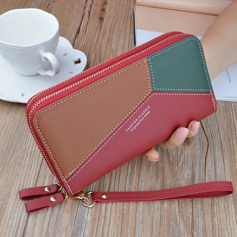 Double Zipper Hand Wallet Ladies Long Stitching Contrast Large-capacity Wallet