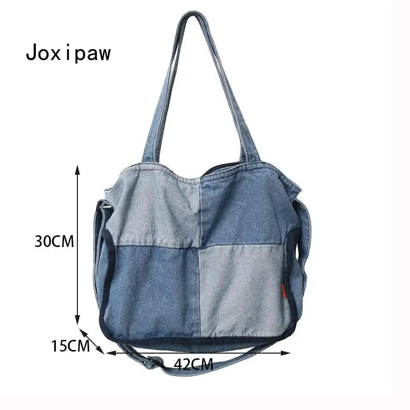 Patchwork Denim Crossbody Bag for Women Vintage Casual Handbag