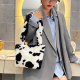 Winter Plush Shoulder Bag Cow Pattern Fluffy Tote Casual Messenger