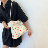 Cherry Pattern Canvas Shoulder Bag Large Capacity Casual Tote
