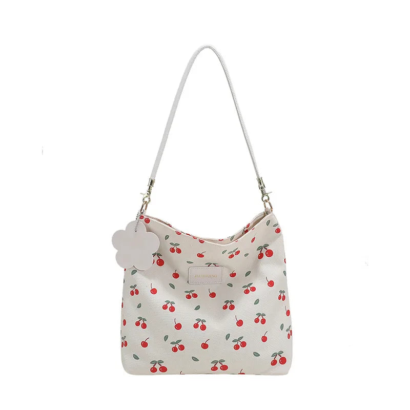 Cherry Pattern Canvas Shoulder Bag Large Capacity Casual Tote