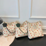 Cherry Pattern Canvas Shoulder Bag Large Capacity Casual Tote