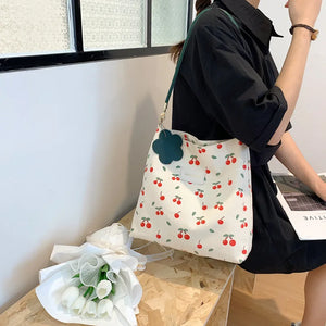 Cherry Pattern Canvas Shoulder Bag Large Capacity Casual Tote