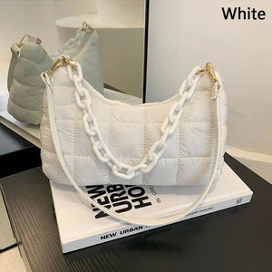 Quilted Underarm Bag Chain Nylon Shoulder Tote Down Padded Handbag Winter Warm