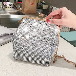 Metal Evening Bag with Chain Strap Women Diamonds Beaded Small Shoulder Bag