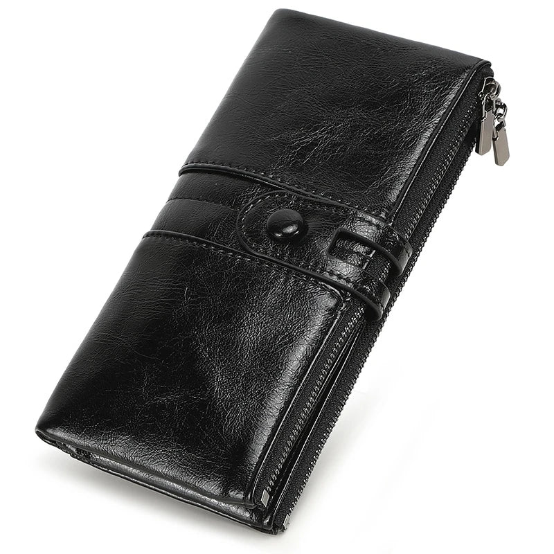 Women Oil Wax Wallets Female Leather Zipper Purse Long Phone Holder