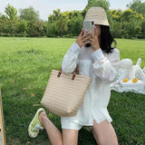 Women Straw Tote Bag Beach Shoulder Handbag Hollow Out Storage