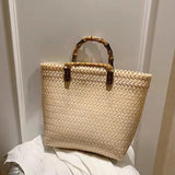 Women Straw Tote Bag Beach Shoulder Handbag Hollow Out Storage