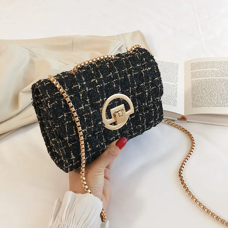 Women's Ins Tweed Chain Messenger Bag Flap Shoulder Tote Handbag