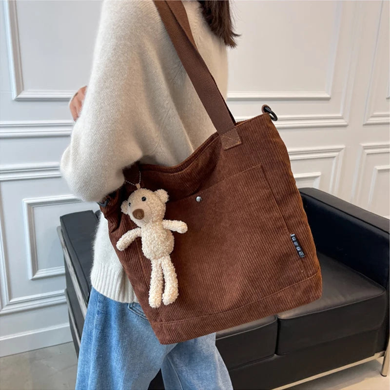 Solid Women Shoulder Bag Corduroy Tote Bag With Front Pocket
