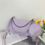 Women's Wide Shoulder Strap Solid Shoulder Bag with Small Round Bag