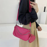 Women's Wide Shoulder Strap Solid Shoulder Bag with Small Round Bag