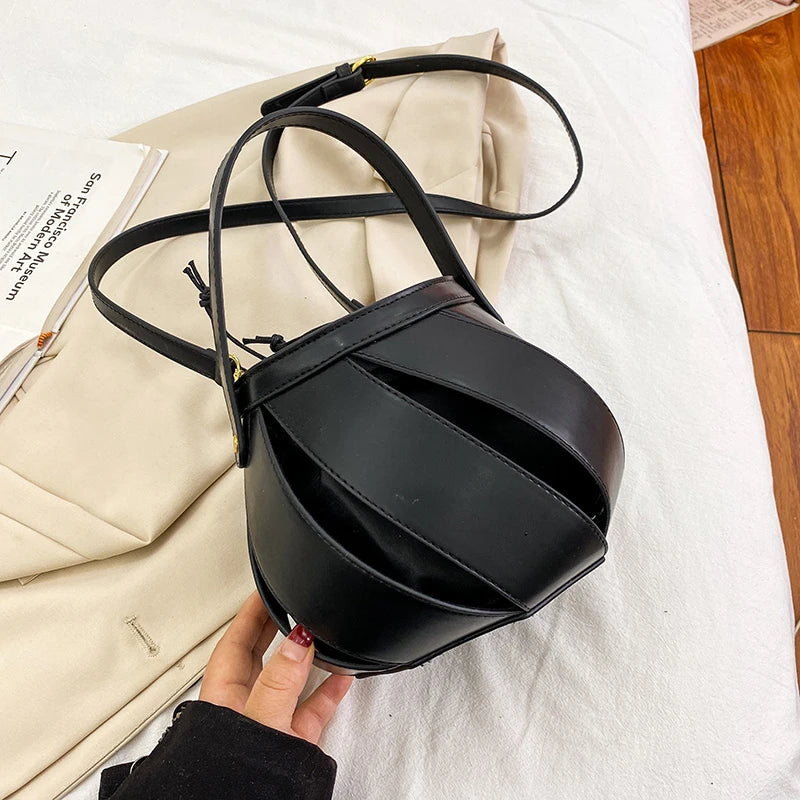 Women's Hollow Out Leather Crossbody Bucket Bag