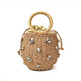 Straw Bucket Bag Rhinestone Crystal Embellished Travel Purse Handbag