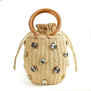 Straw Bucket Bag Rhinestone Crystal Embellished Travel Purse Handbag